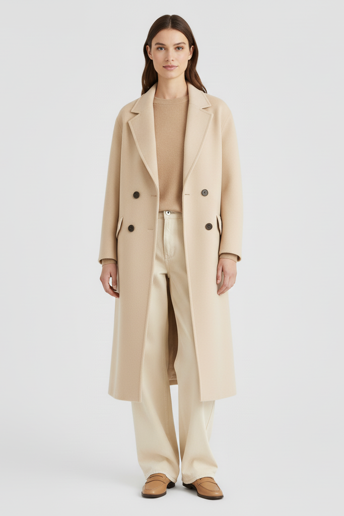 Woman wearing a beige trench coat on a white background
