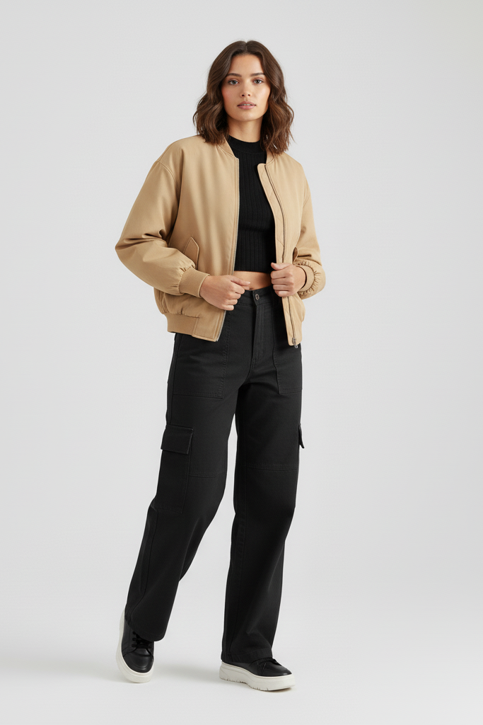 Woman wearing a beige bomber jacket and black pants on a white background