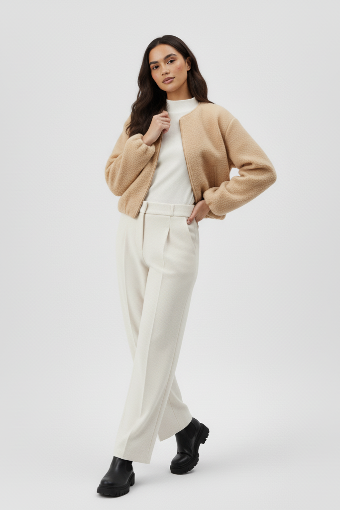 Woman wearing a beige cardigan, white top, and pants on a white background