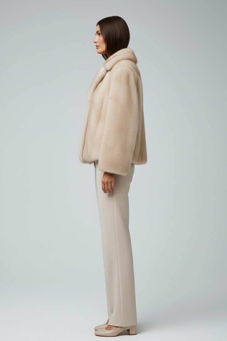 Woman wearing a beige coat and pants on a white background