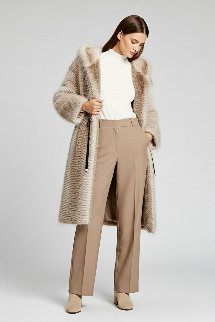 Woman wearing a beige coat and tan pants on a white background