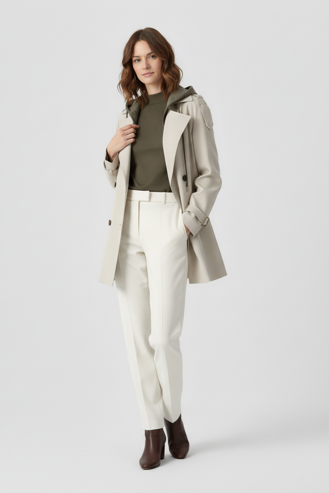 Woman wearing a beige coat, green top, white pants, and brown shoes on a white background