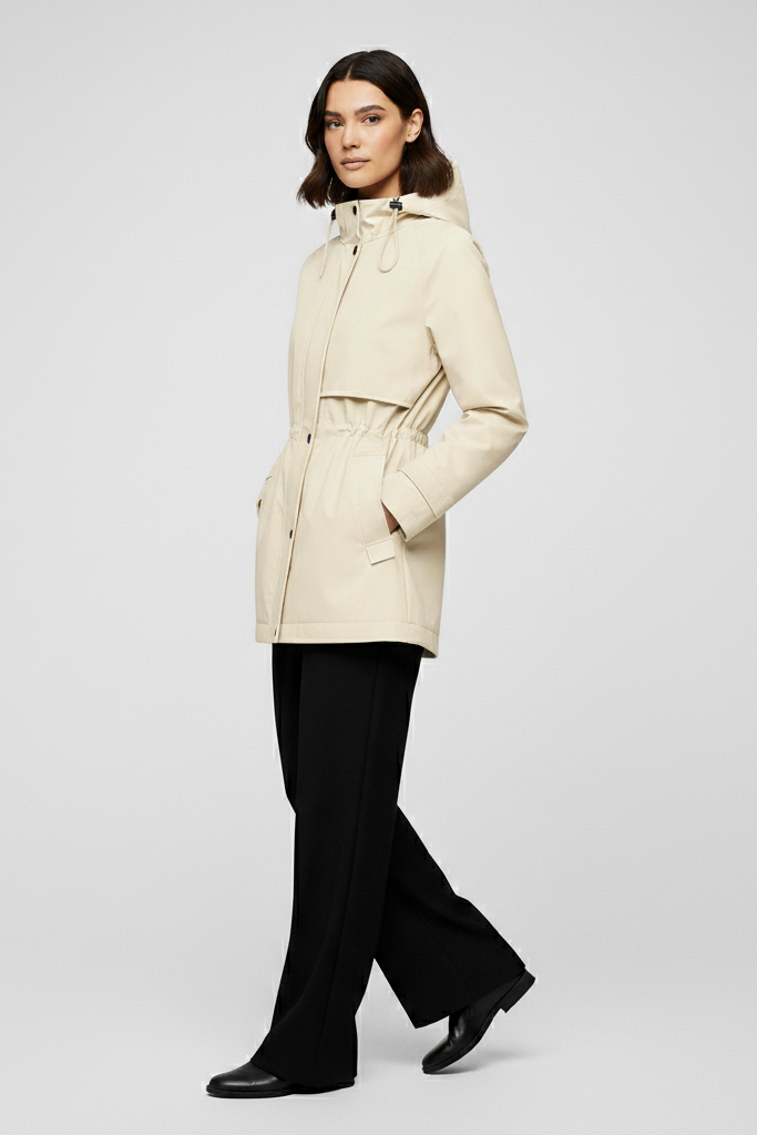 Woman wearing a beige coat on a light gray background