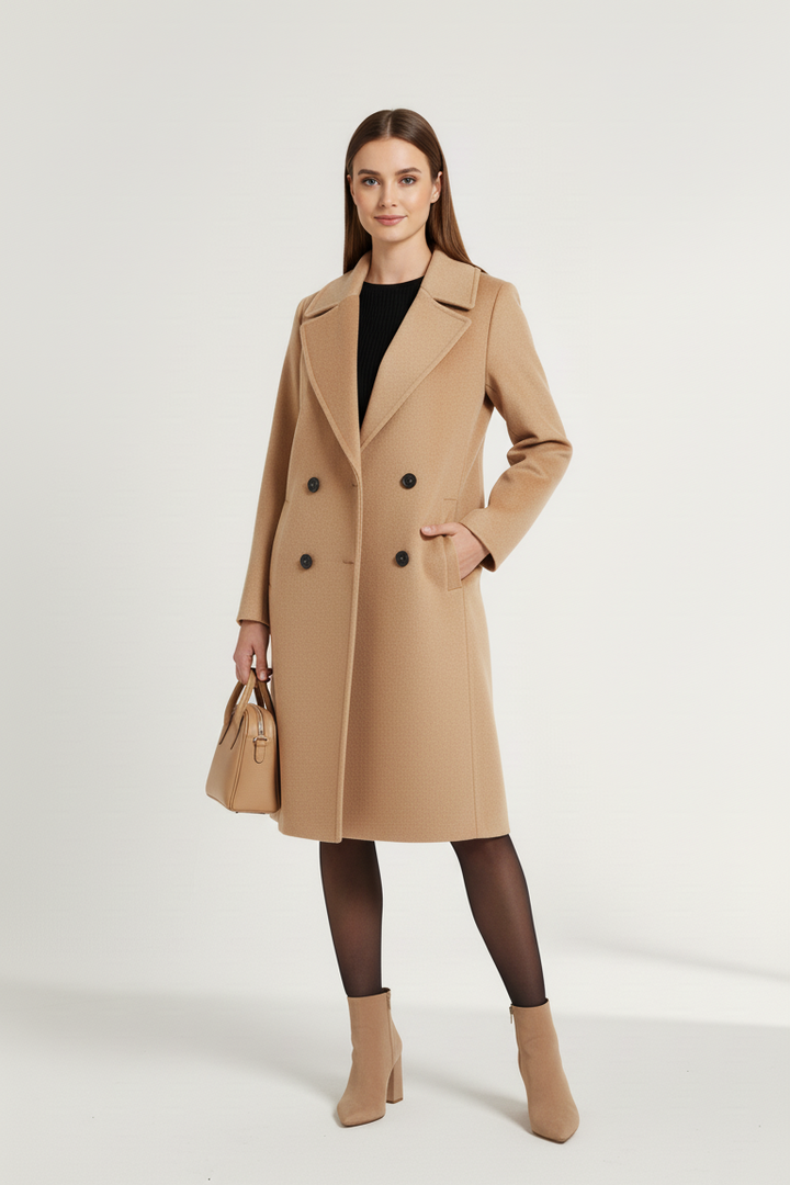 Woman wearing a beige coat on a white background