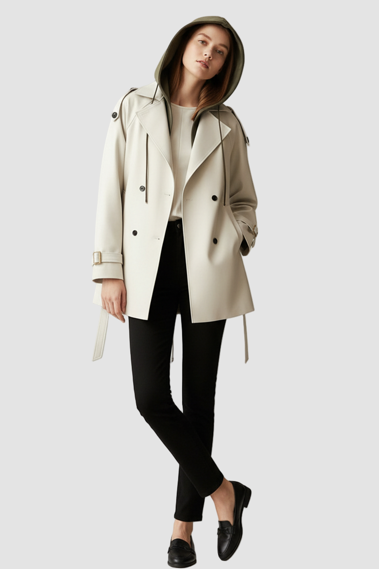 Woman wearing a beige coat with a hood on a plain background