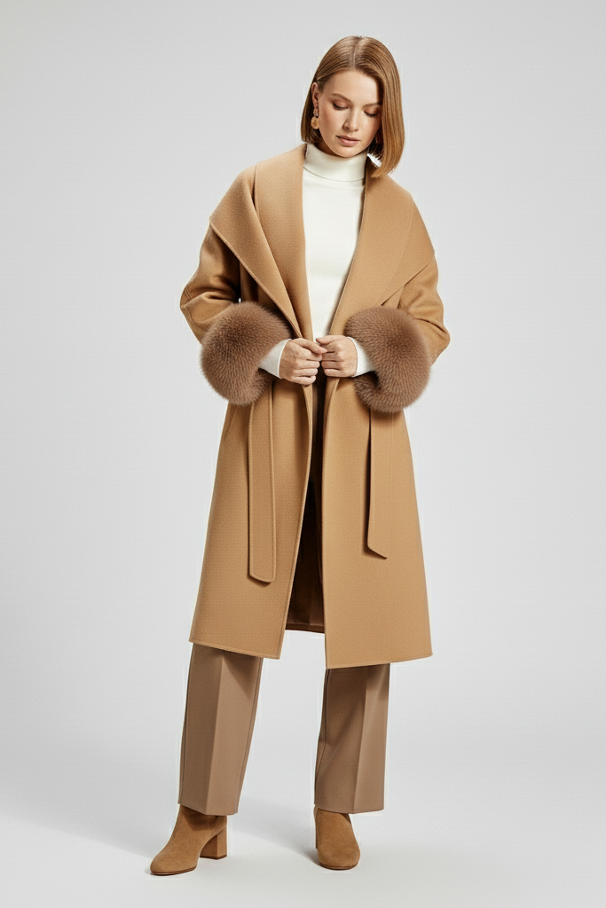 Woman wearing a beige coat with fur trim on a light gray background