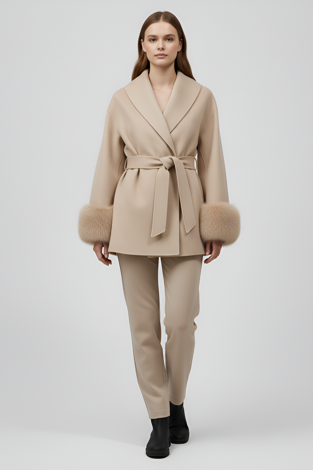 Woman wearing a beige coat with fur trim on a white background