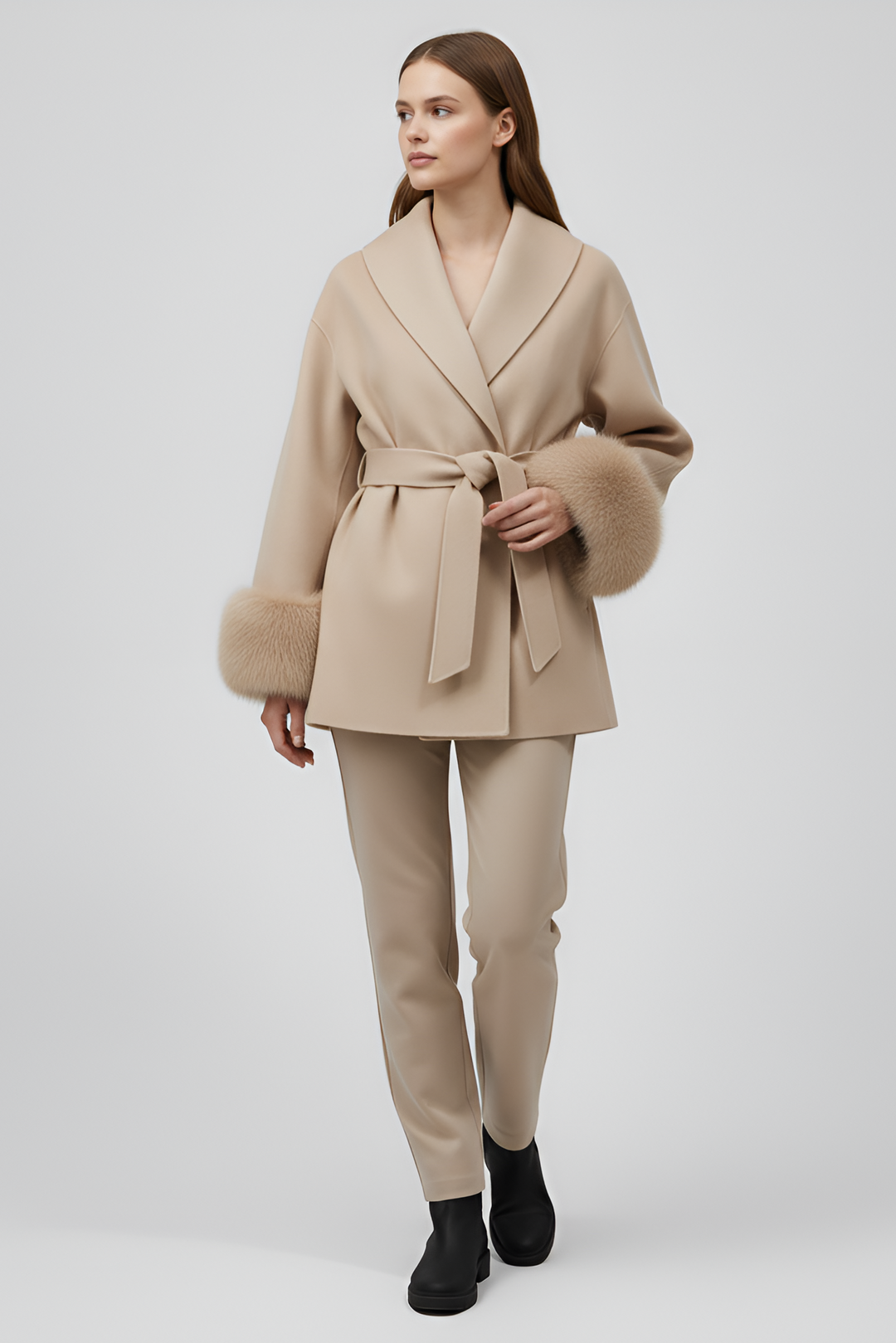 Woman wearing a beige coat with fur trim on a white background