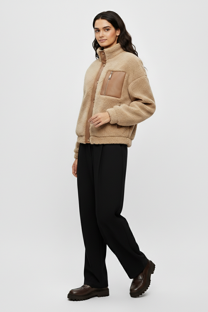 Woman wearing a beige fleece jacket on a white background