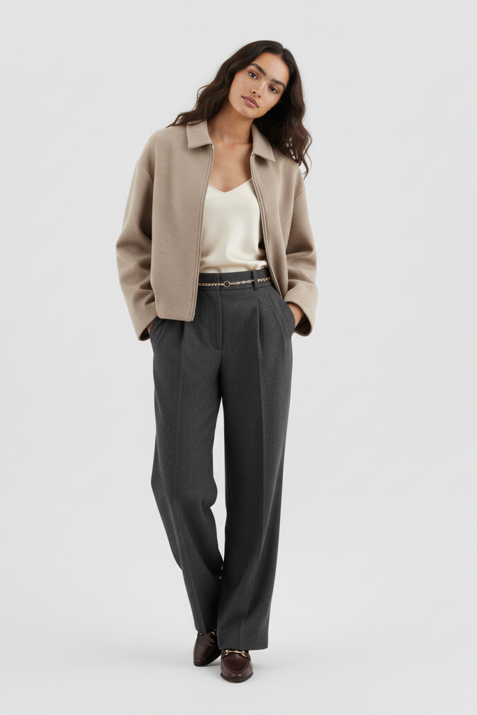 Woman wearing a beige jacket, white top, and gray pants on a light gray background