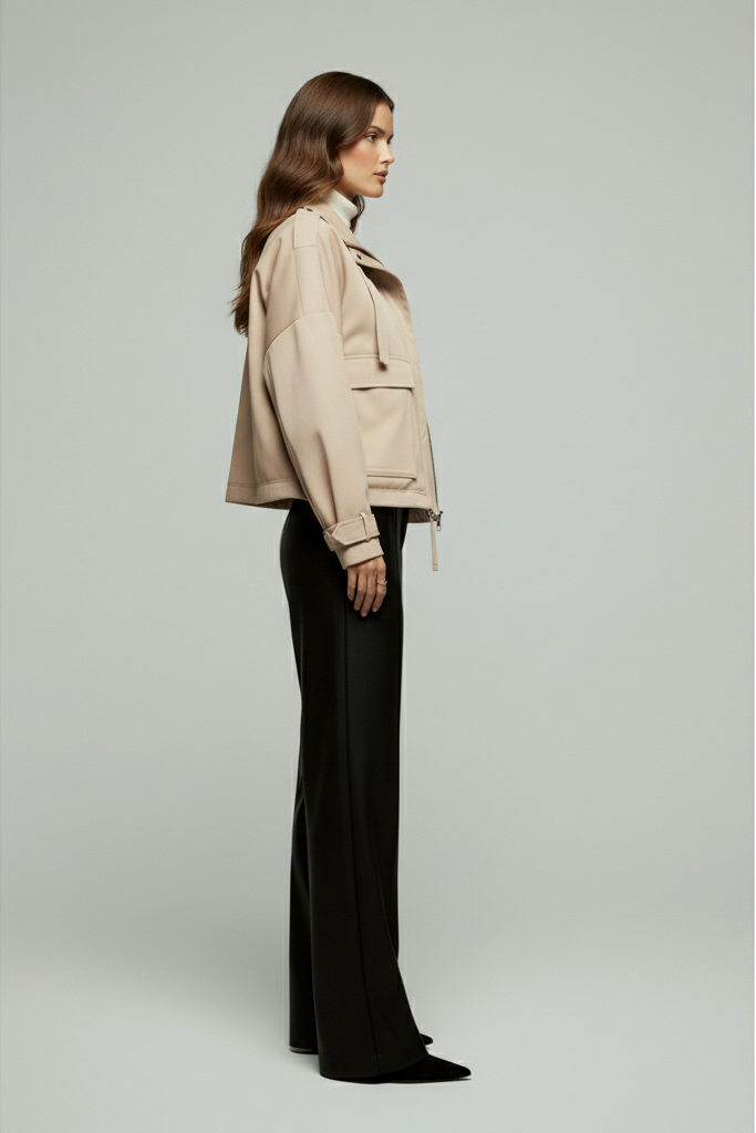 Woman wearing a beige jacket and black pants on a gray background
