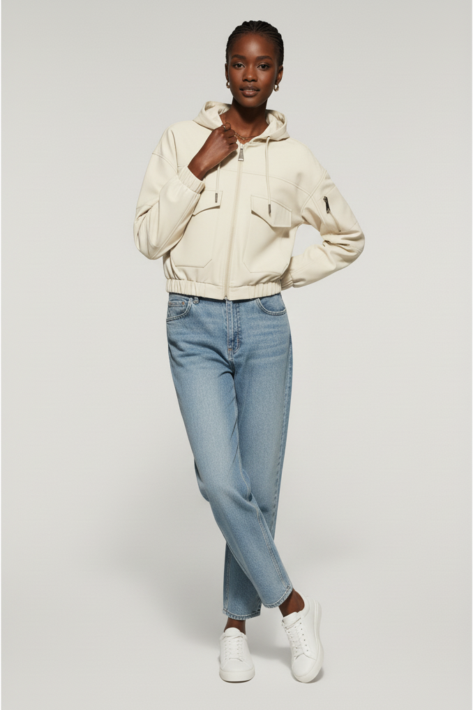 Woman wearing a beige jacket, light blue jeans, and white sneakers on a plain background