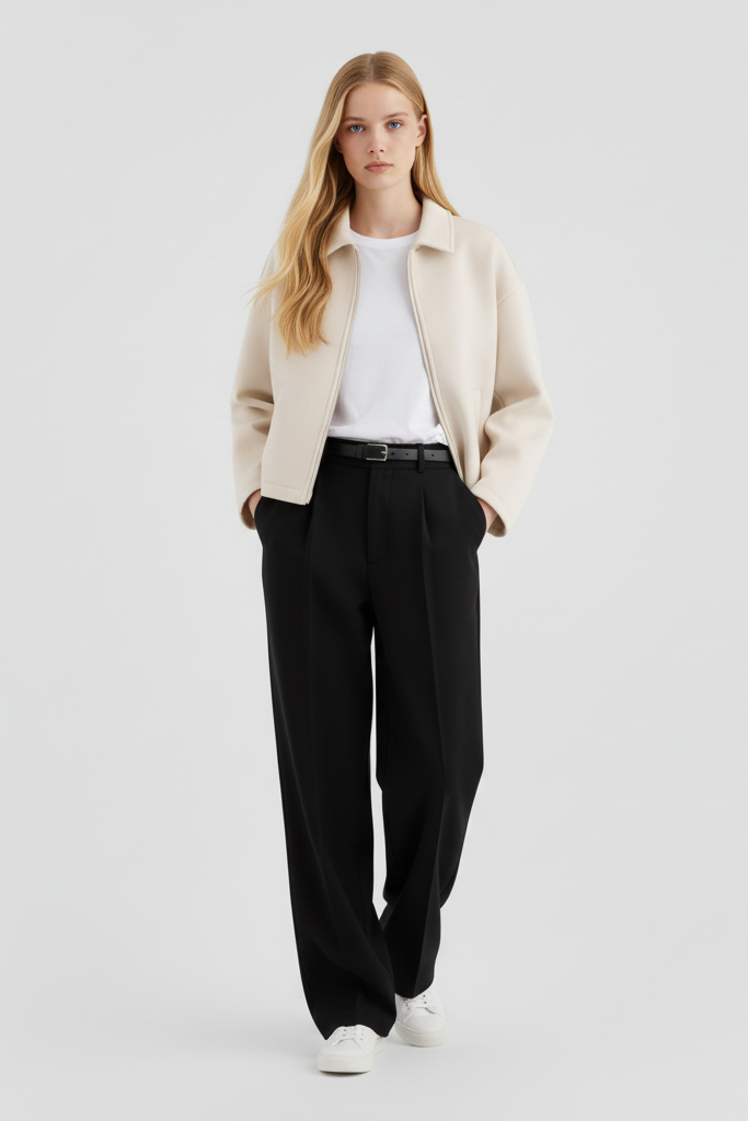 Woman wearing a beige jacket, white shirt, black pants, and white shoes on a light gray background