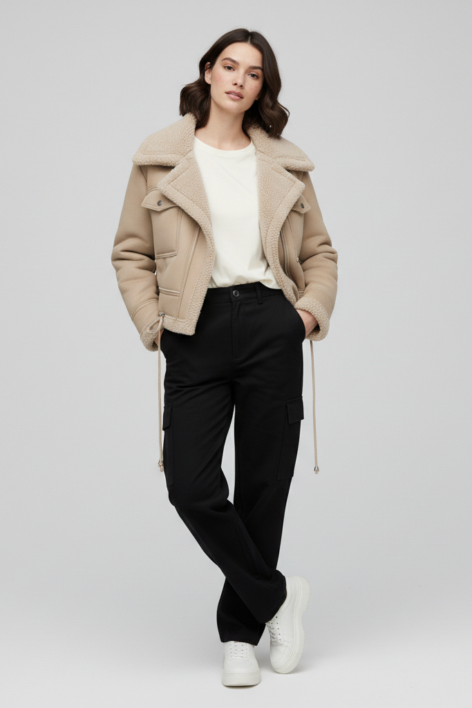 Woman wearing a beige jacket, white shirt, black pants, and white sneakers on a light gray background