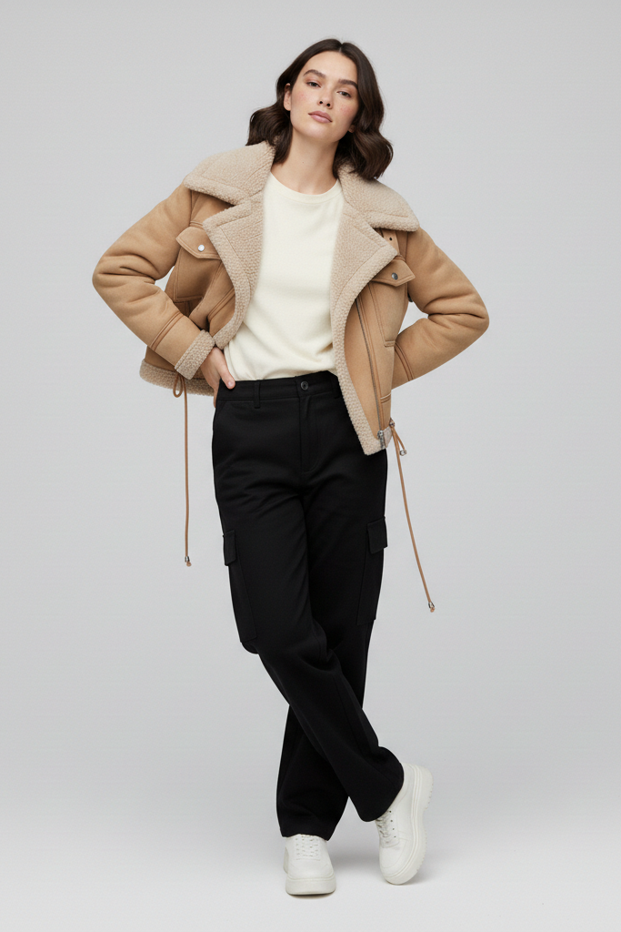 Woman wearing a beige jacket, white sweater, black pants, and white sneakers on a light gray background