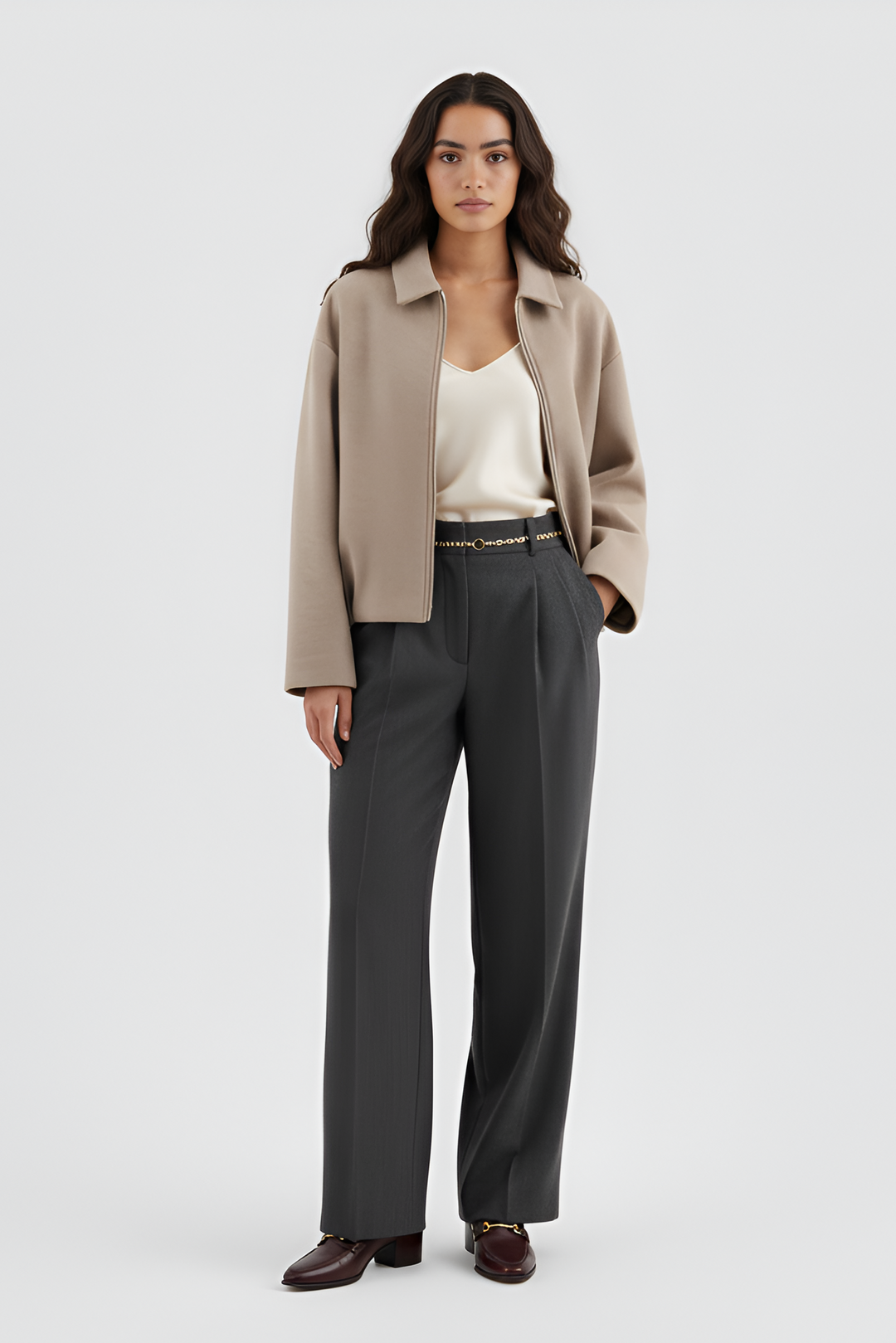 Woman wearing a beige jacket, white top, and gray pants on a light gray background