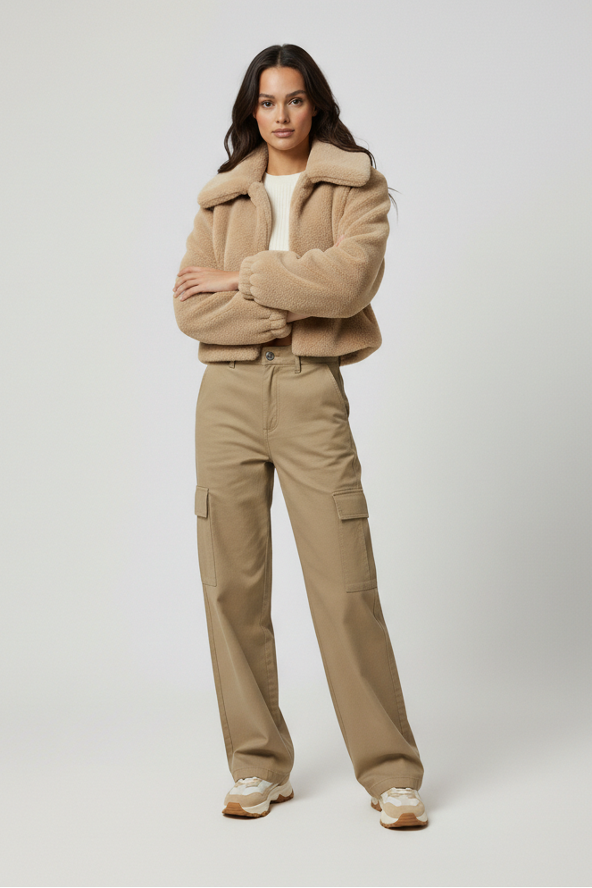 Woman wearing a beige outfit with a jacket and pants on a white background