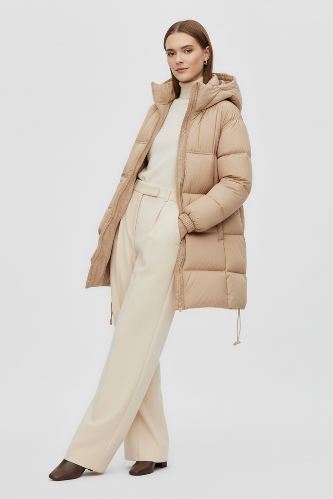 Woman wearing a beige puffer coat and pants on a white background