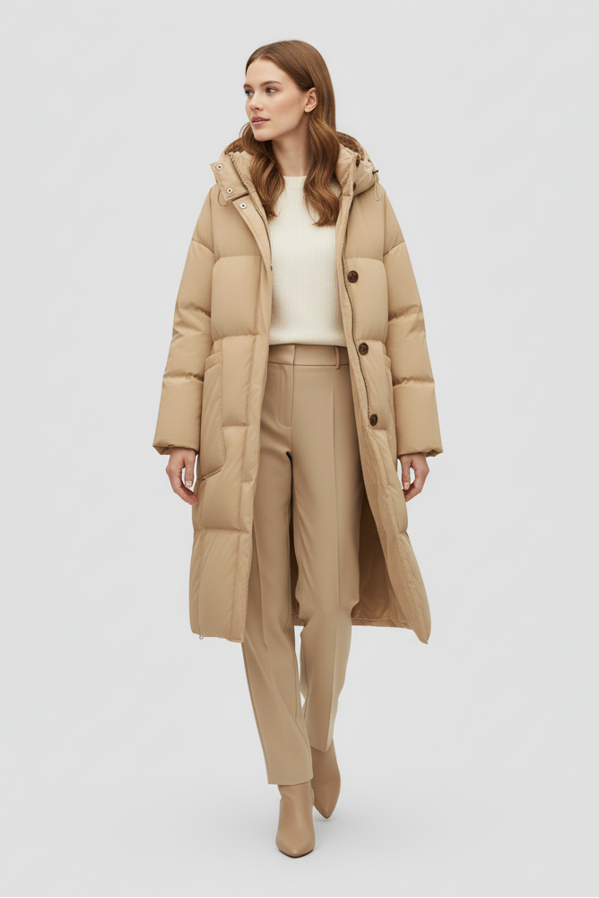 Woman wearing a beige puffer coat and pants on a light gray background