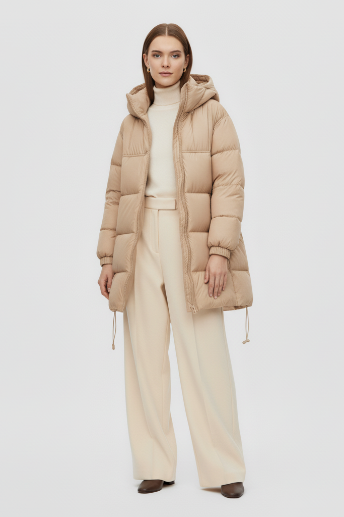 Woman wearing a beige puffer coat and pants on a white background