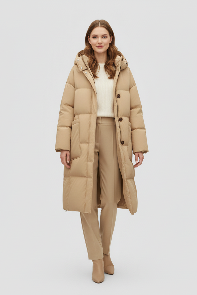 Woman wearing a beige puffer coat and pants on a white background