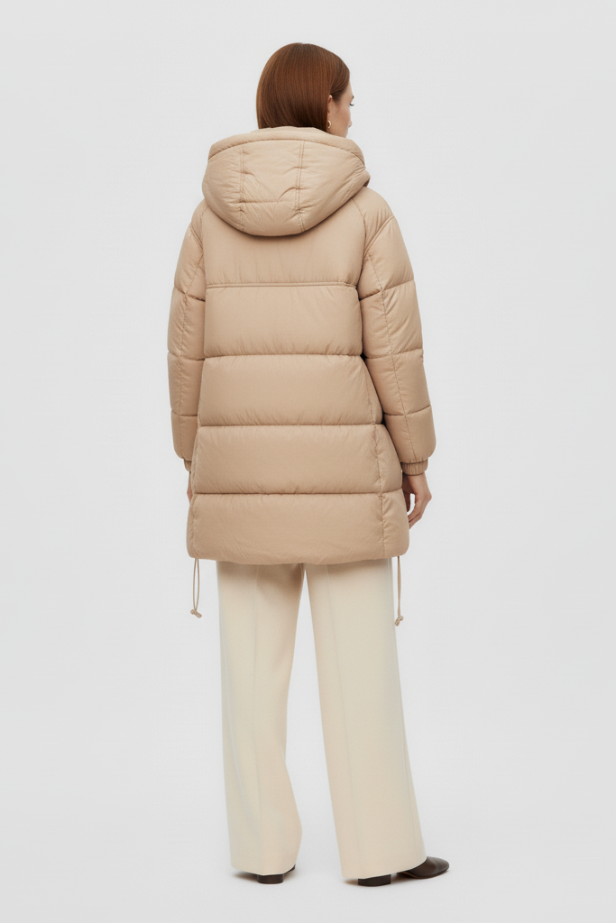 Woman wearing a beige puffer coat and pants on a white background