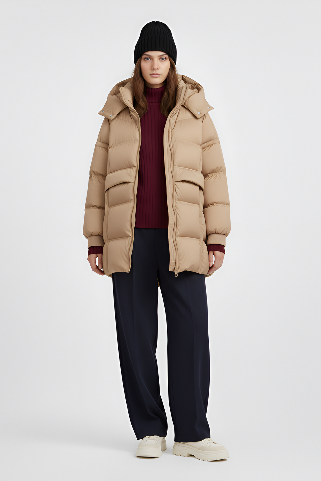 Woman wearing a beige puffer coat, sweater, and pants on a light gray background