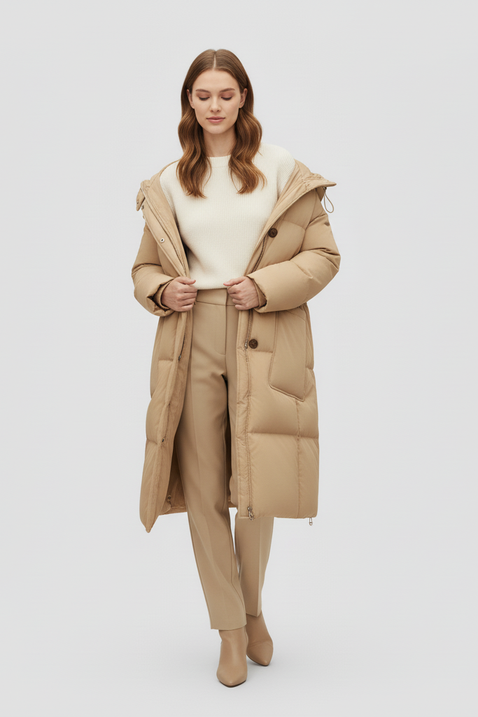 Woman wearing a beige puffer coat on a light gray background