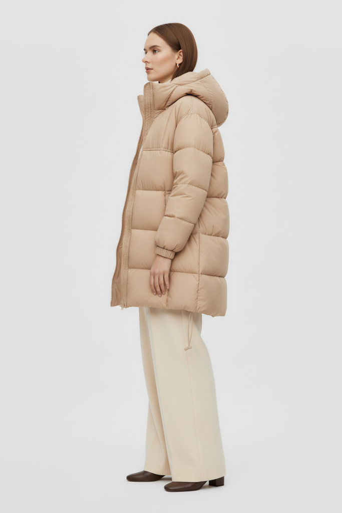 Woman wearing a beige puffer coat and pants on a white background