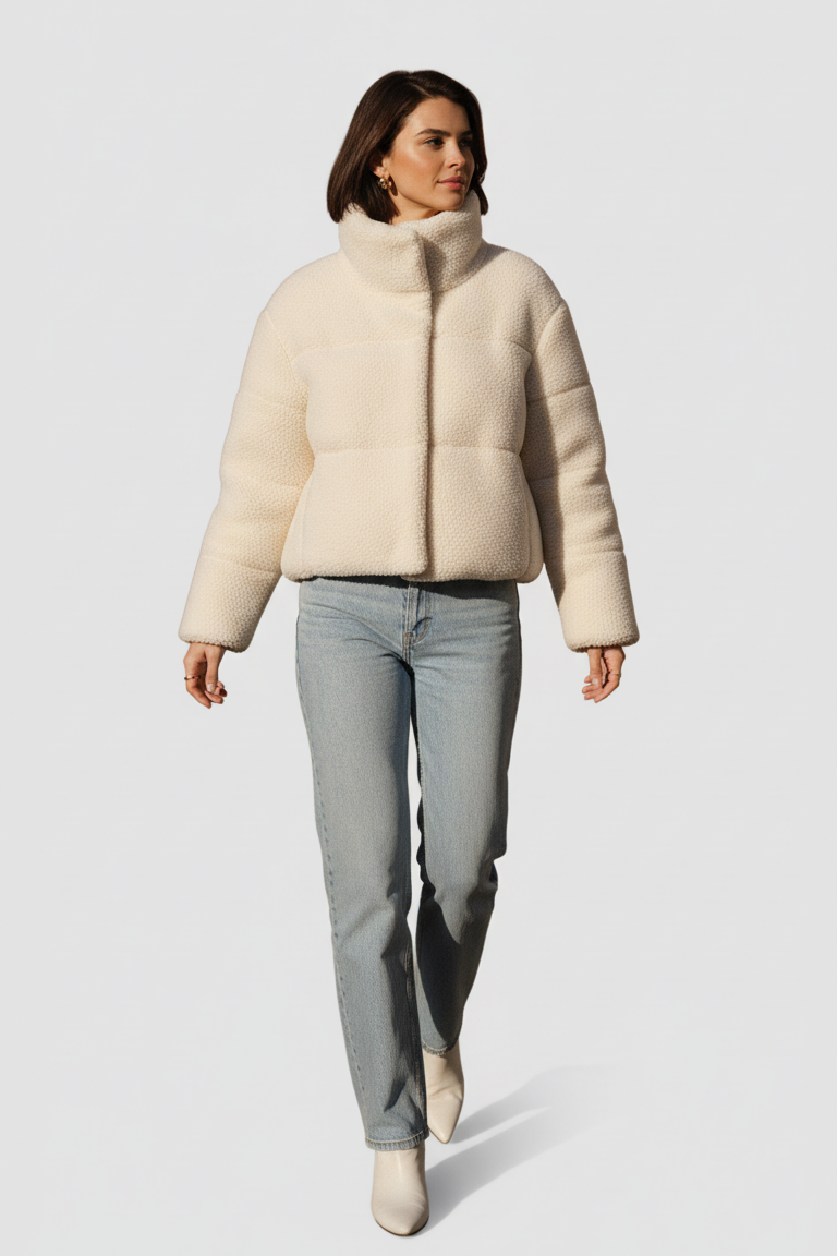 Woman wearing a beige puffer jacket and light blue jeans on a white background