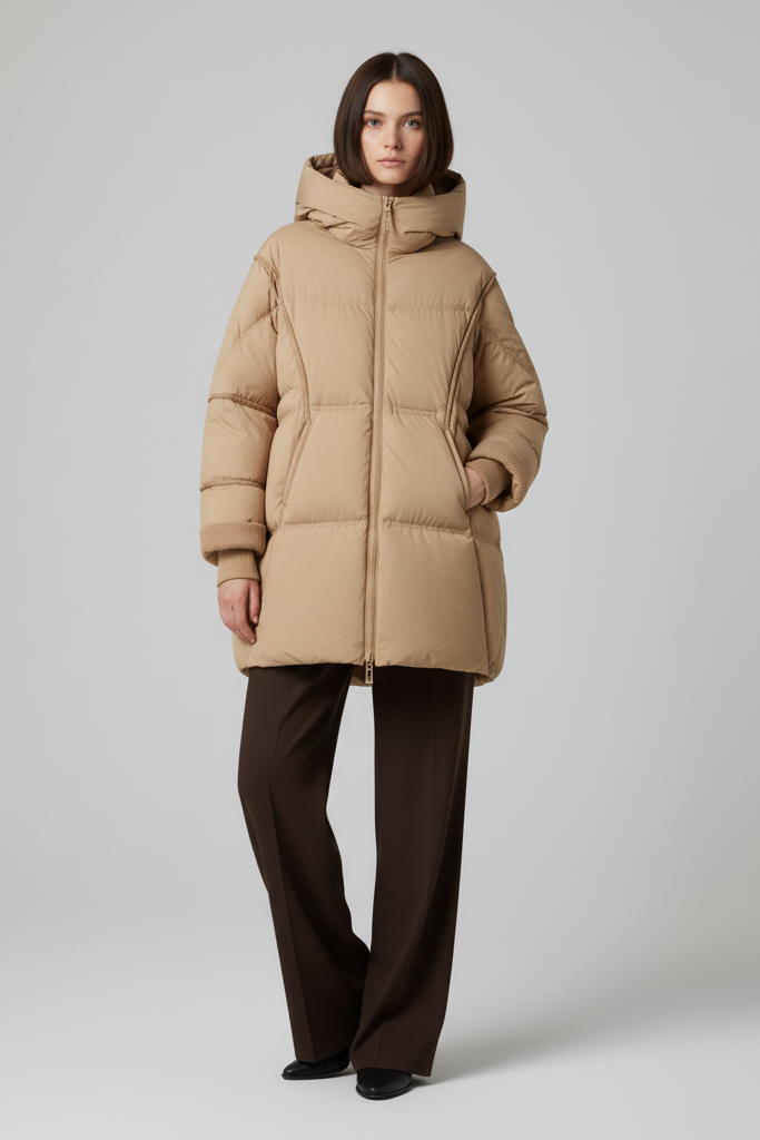 Woman wearing a beige puffer jacket against a white background