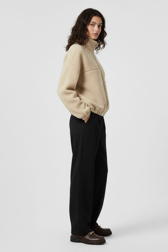 Woman wearing a beige sweater and black pants on a white background