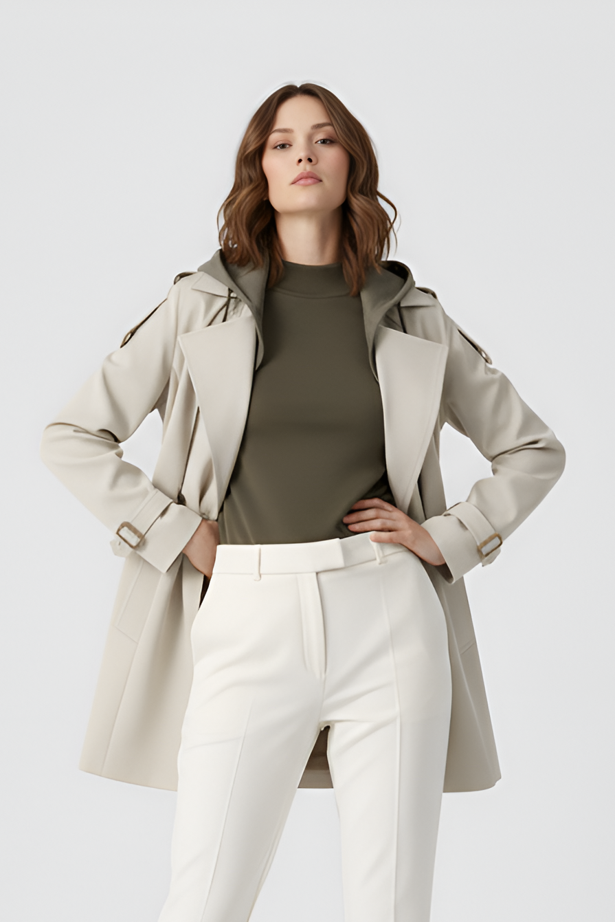 Woman wearing a beige trench coat, green top, white pants, and brown boots on a white background