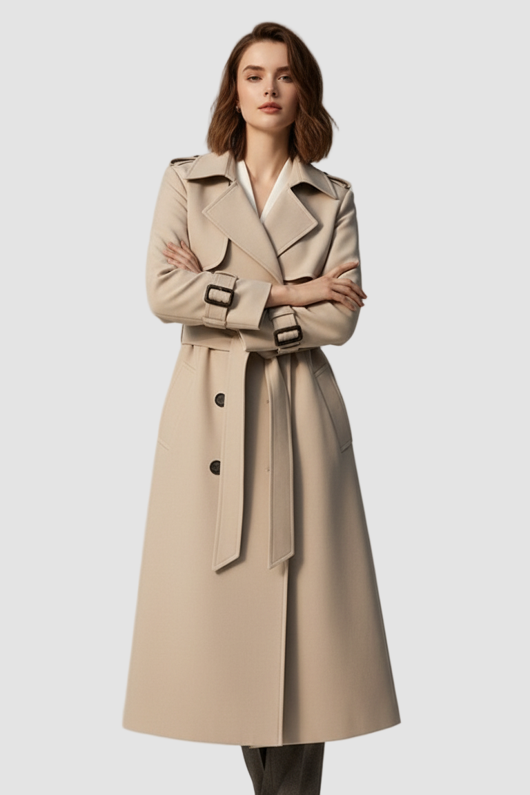 Woman wearing a beige trench coat on a gray background