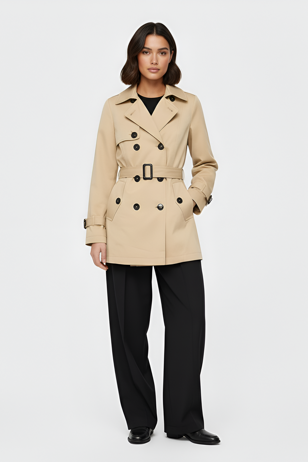 Woman wearing a beige trench coat on a white background