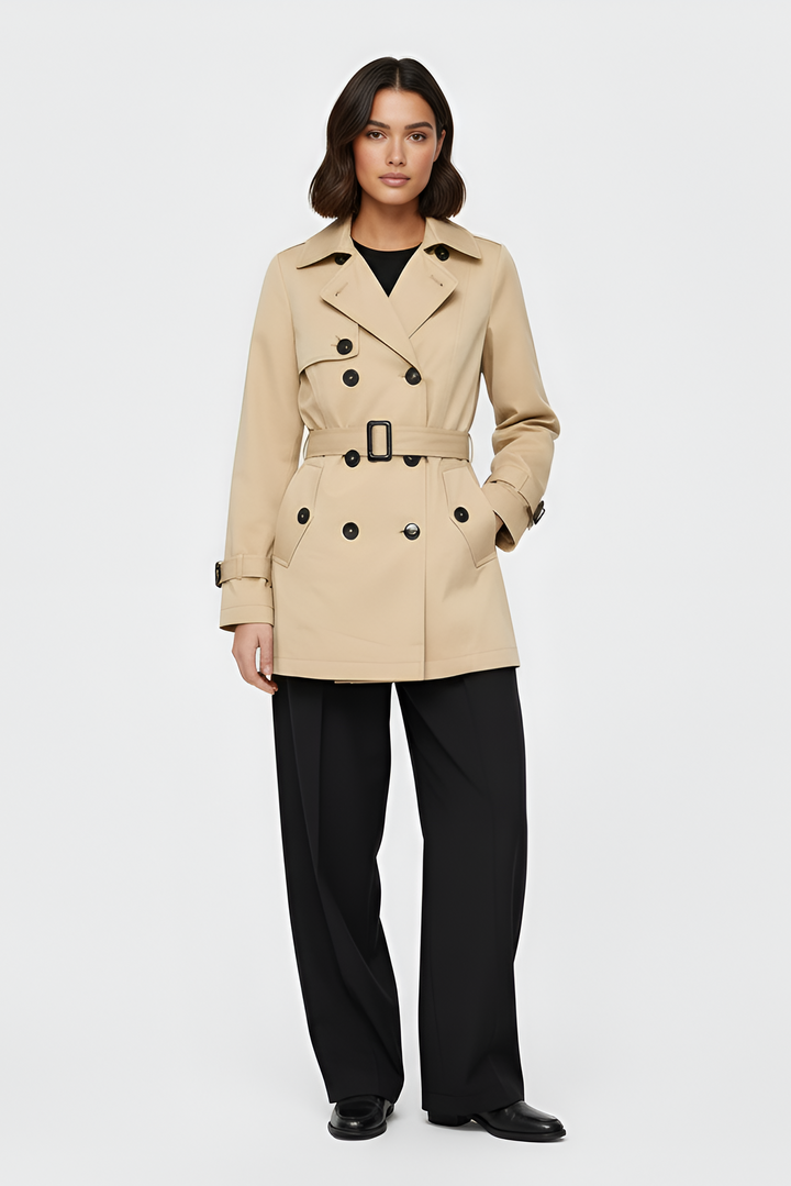 Woman wearing a beige trench coat on a white background