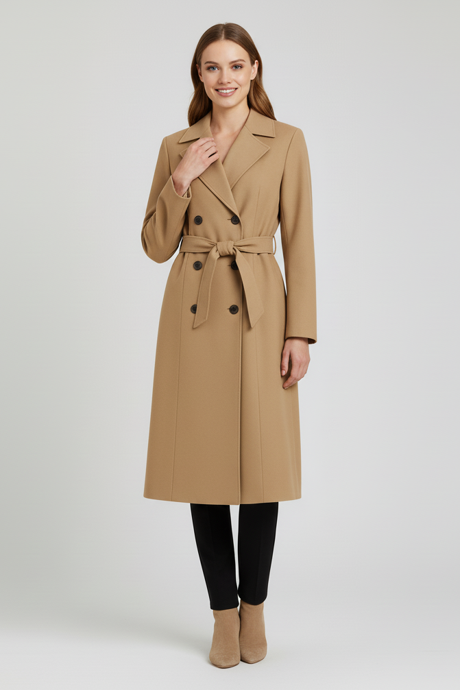 Woman wearing a beige trench coat on a white background