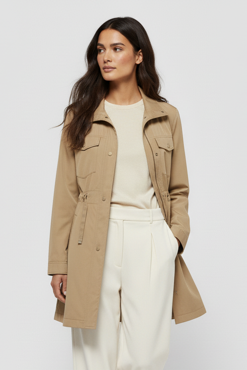 Woman wearing a beige trench coat over a cream outfit on a white background