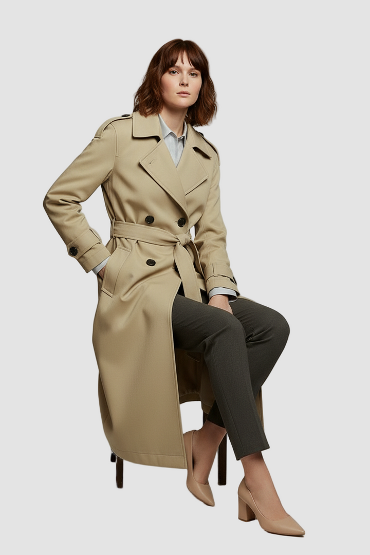 Woman wearing a beige trench coat sitting on a chair against a plain background