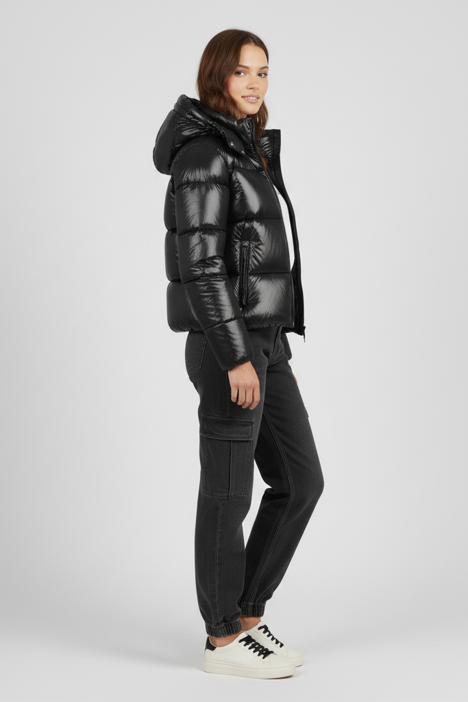 Woman wearing a black puffer jacket and black pants on a white background
