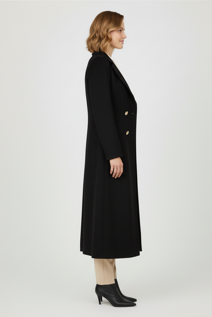 Woman wearing a black coat on a white background