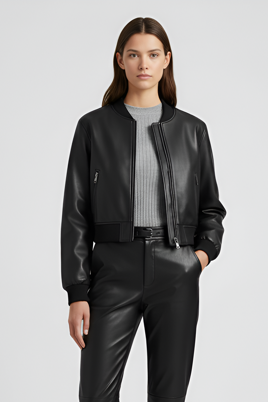 Woman wearing a black bomber jacket and blue jeans on a gray background