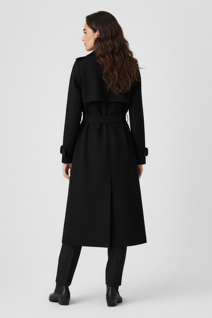 Woman wearing a black coat on a white background