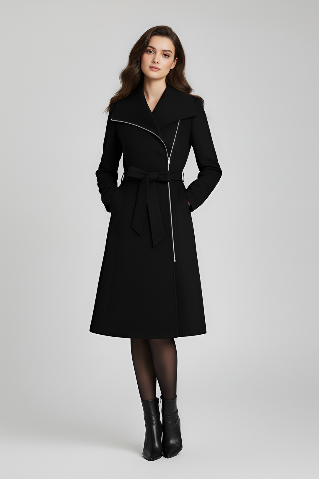 Woman wearing a black coat on a gray background