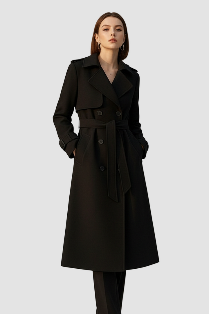 Woman wearing a black coat on a plain background