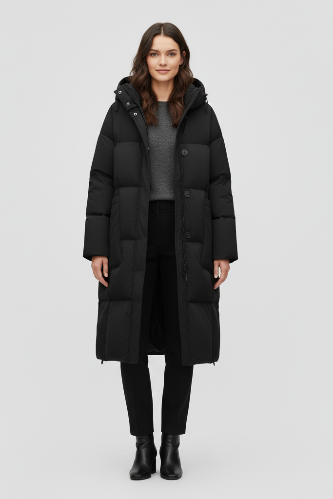 Woman wearing a black coat on a white background