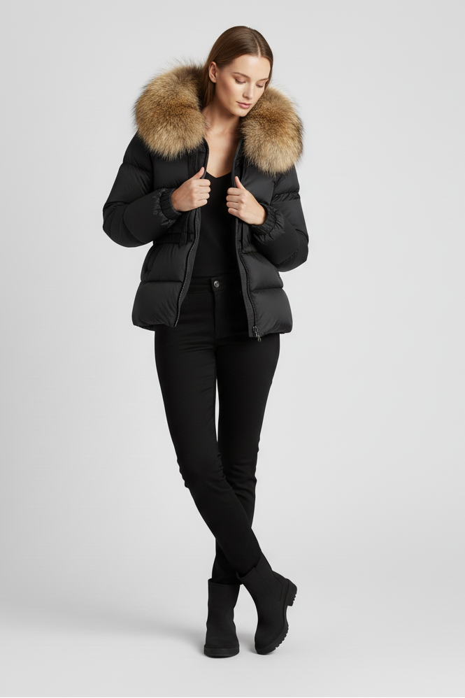 Woman wearing a black coat with a fur-lined hood on a light gray background