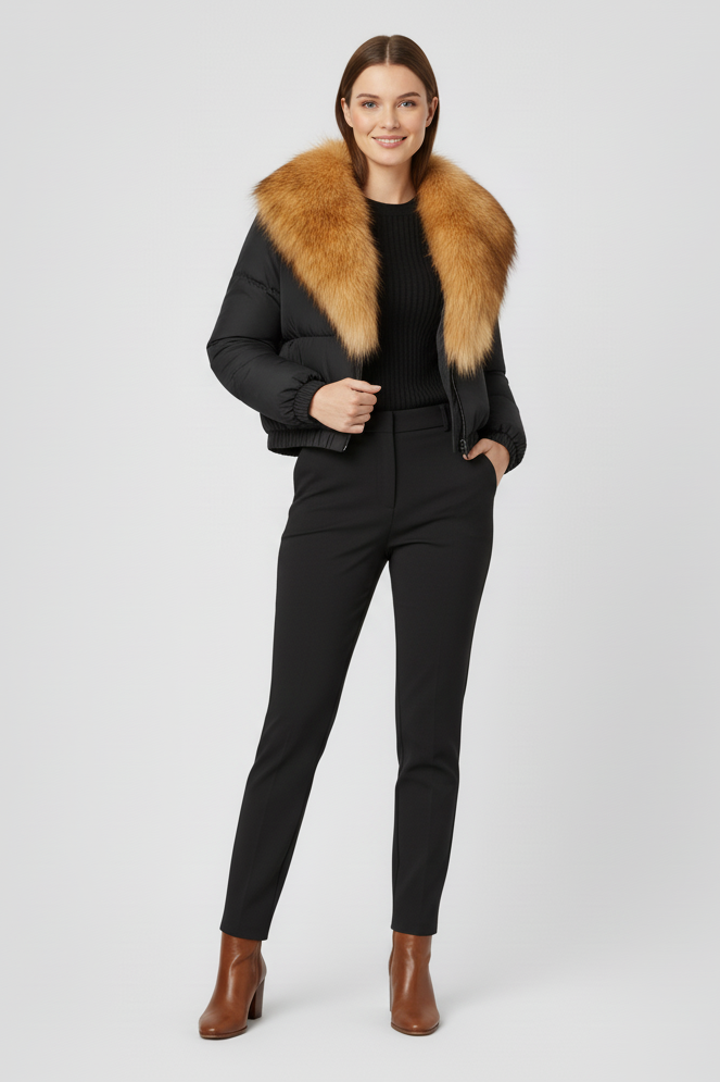 Woman wearing a black coat with a fur collar on a white background