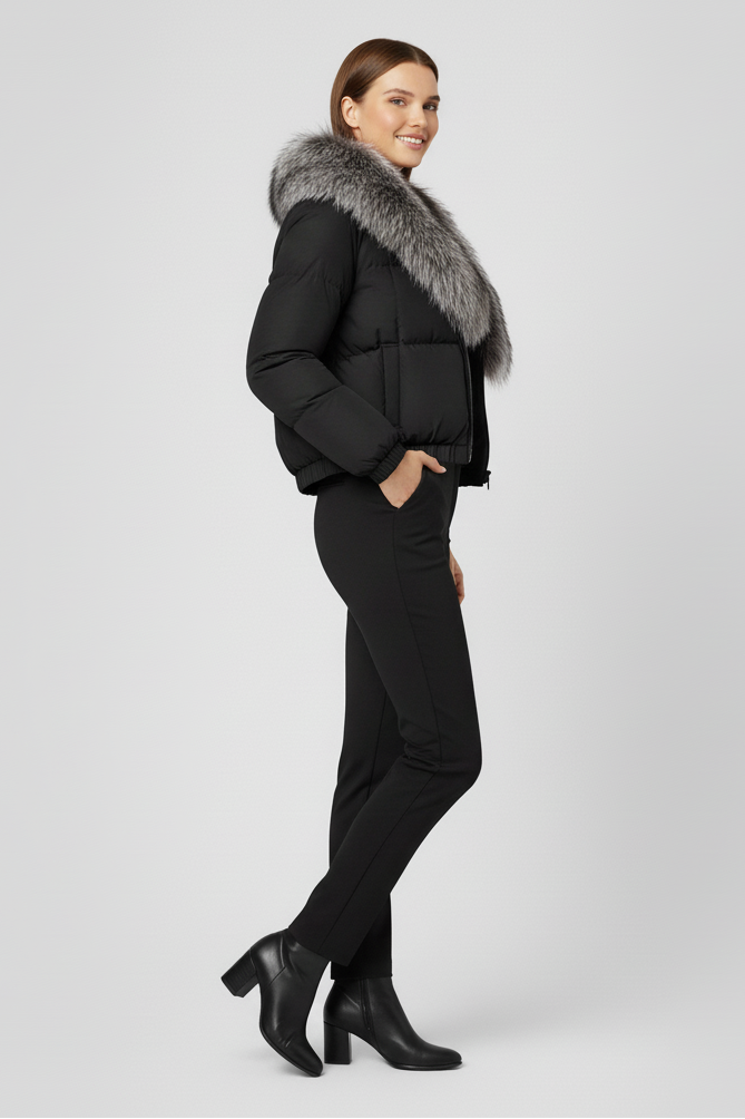 Woman wearing a black coat with fur hood on a white background