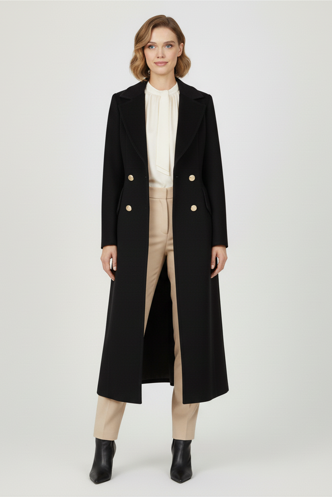 Woman wearing a black coat with gold buttons on a white background